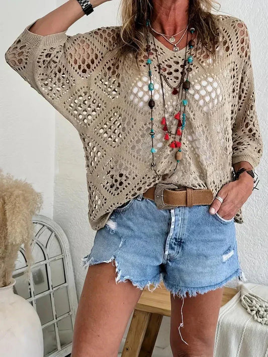 🌸 Beige gehaakte top voor dames, bohemian geïnspireerd, met V-hals – Ademend, losse pasvorm en ideaal voor zomerse dagen ☀️