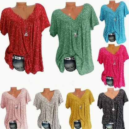 🌸Katoenen shirt met korte mouwen, V-hals en print