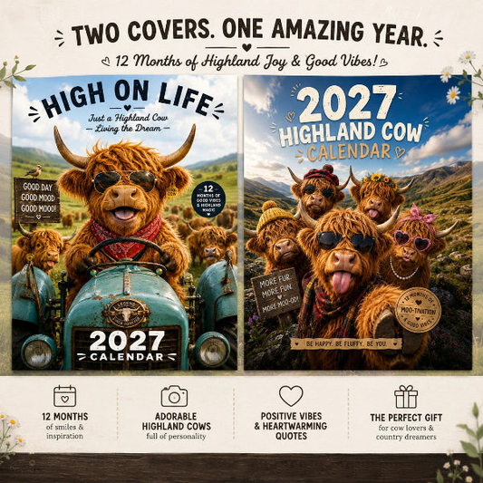 2027 Grappige Hooglandrund Kalender | A4 Wandkalender | Ontworpen door Isabel Kline