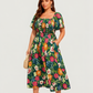 ⏰Zomeruitverkoop 50% KORTING 💃Gebloemde midi-jurk met gesmockte vierkante hals en zakken