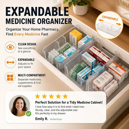 🔥 Transparante uitschuifbare medicijnorganizer — verstelbaar en perfect voor een netjes georganiseerde medicijnkast 💊🗄️