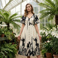 👗 50% KORTING NU! 🌿 Zachte Botanische Print V-Hals Midi Jurk – Elegant, Lichtgewicht & Veelzijdig voor Elke Gelegenheid 🌸
