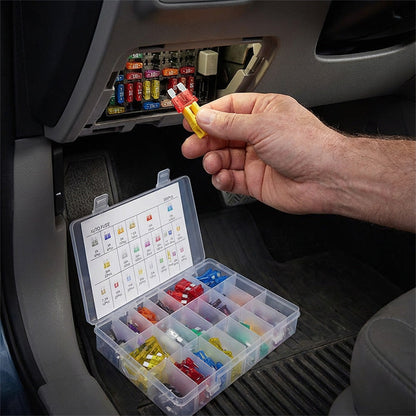 📢📢 50% KORTING⚡ Assortimentset steekzekeringen van zinklegering voor auto’s – kleurgecodeerde ampères, kleurrijke kunststof opbergplateaus, autocircuittester en bescherming tegen kortsluiting & overbelasting | ideaal voor sneeuwscooterreparatie.