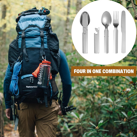 🌞Fris De Lente In Met 50% Korting!🥄4-in-1 Draagbare Bestekset van Roestvrij Staal – Vork, Lepel, Mes + Flessenopener, Compact & Lichtgewicht voor Picknick en Reizen