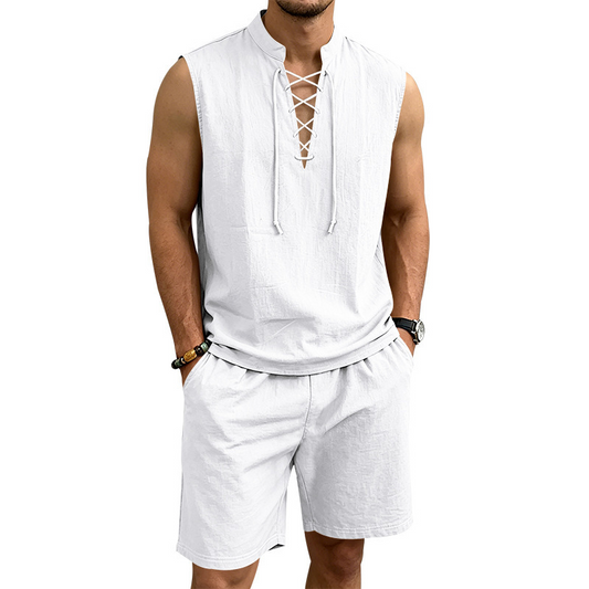 🧵 TIJDELIJKE ACTIE 50% KORTING! ✨ Heren linnen sluitloos setje – Top & Shorts, Riem veter, 7 kleuren ☀️