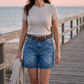 Bermuda-denimshort voor dames met middelhoge taille en zakken