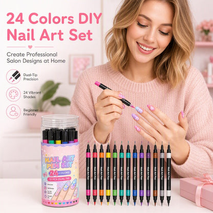 💥 Set van 24 dubbelzijdige nailartpennen in 24 kleuren – Creatief, salonkwaliteit, eenvoudig zelf te gebruiken ✨